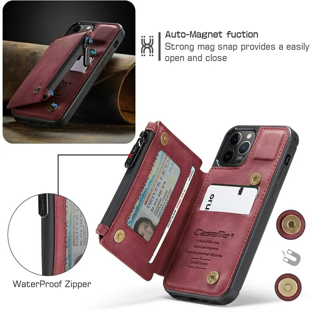 Magnetic PU leather Wallet Case with Card Holder for iPhone-Red wine