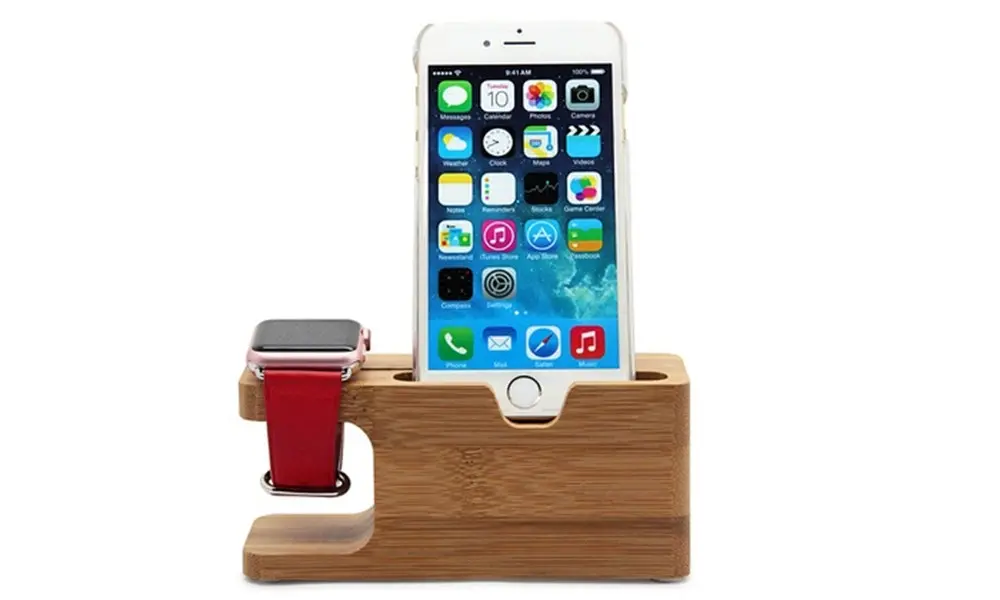 2 in 1 Bamboo Wood Charging Stand Cradle Holder for Apple Watch and iPhone