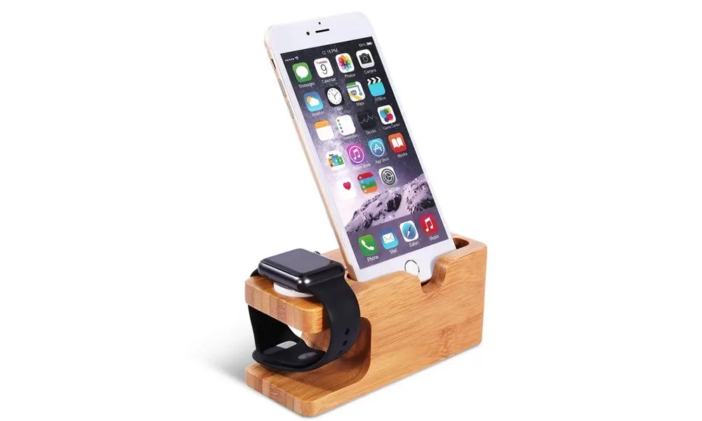 2 in 1 Bamboo Wood Charging Stand Cradle Holder for Apple Watch and iPhone