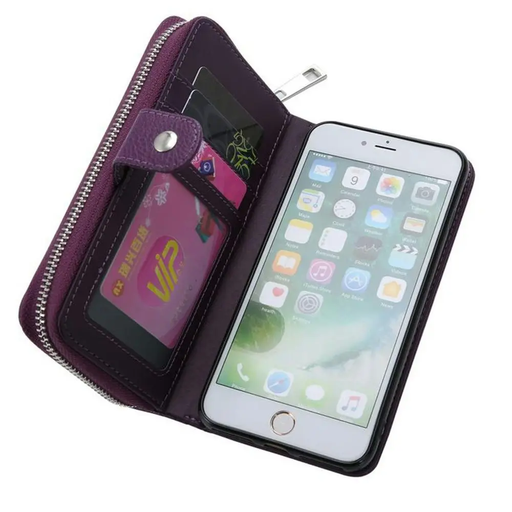 Detachable Zipper Magnetic Card Slots Phone Case for iphone-Purple