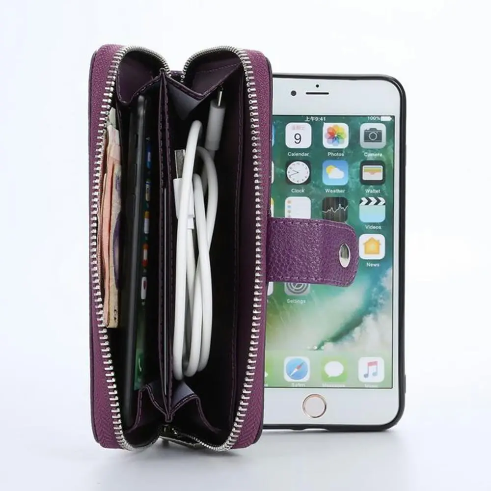 Detachable Zipper Magnetic Card Slots Phone Case for iphone-Purple