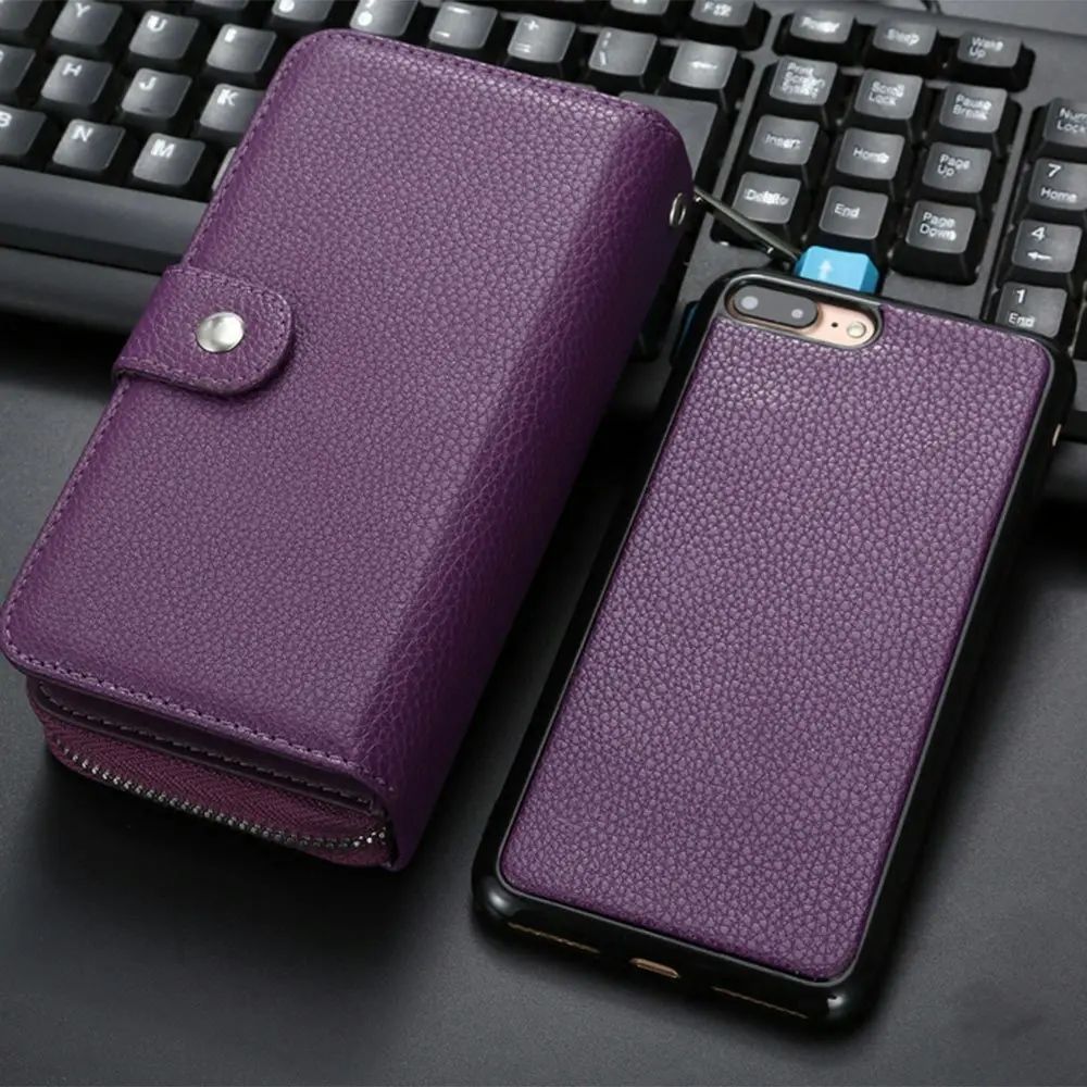 Detachable Zipper Magnetic Card Slots Phone Case for iphone-Purple