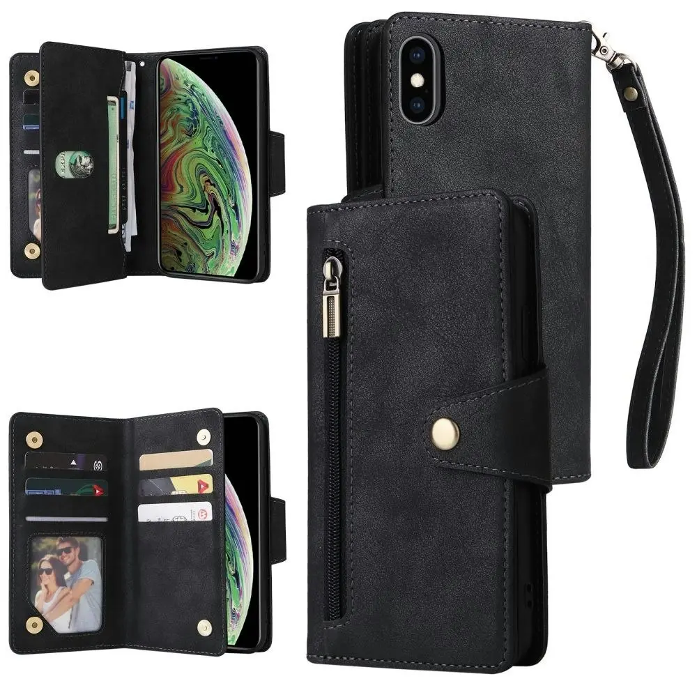 Willow Buckle Zipper Wallet Phone Purse Case With Straps for Iphone-Black