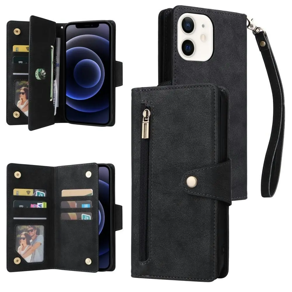 Willow Buckle Zipper Wallet Phone Purse Case With Straps for Iphone-Black