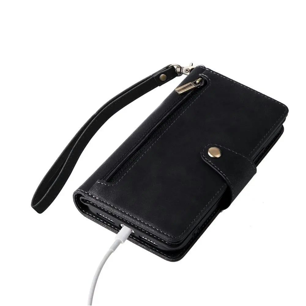 Willow Buckle Zipper Wallet Phone Purse Case With Straps for Iphone-Black