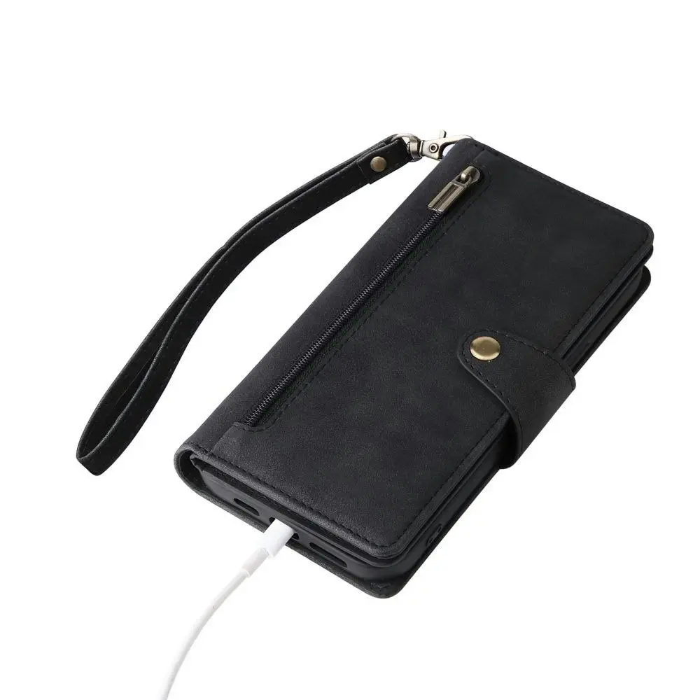 Willow Buckle Zipper Wallet Phone Purse Case With Straps for Iphone-Black