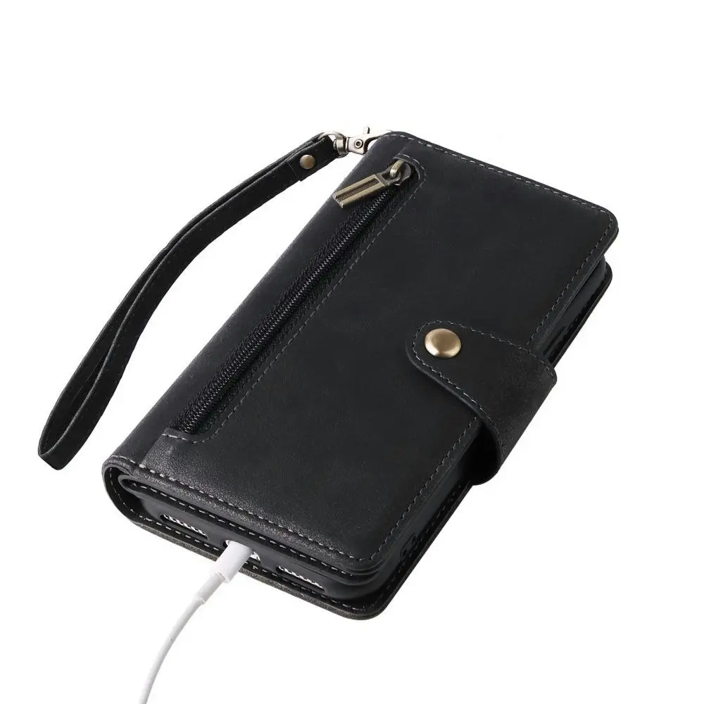 Willow Buckle Zipper Wallet Phone Purse Case With Straps for Iphone-Black