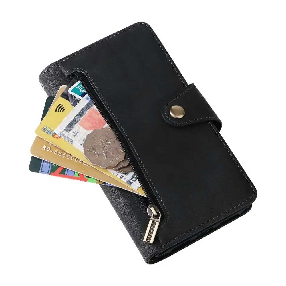 Willow Buckle Zipper Wallet Phone Purse Case With Straps for Iphone-Black