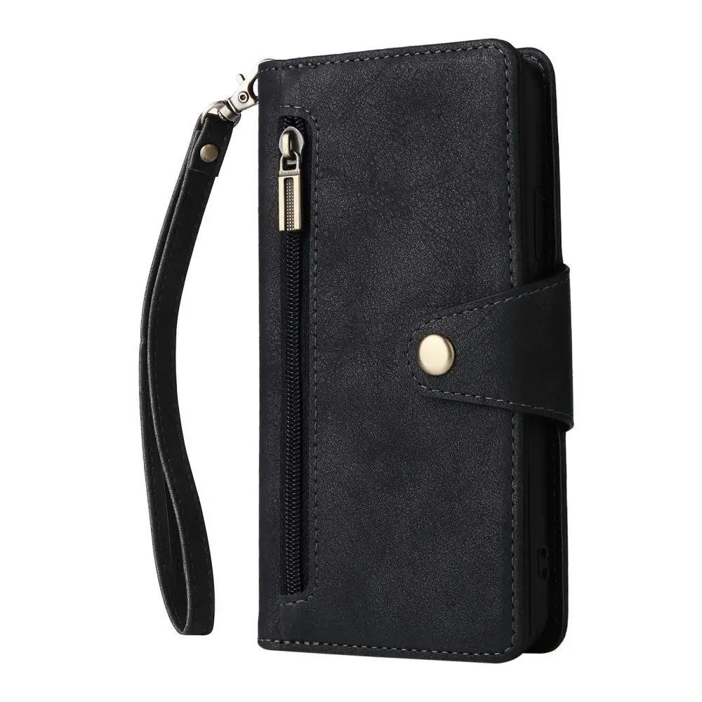 Willow Buckle Zipper Wallet Phone Purse Case With Straps for Iphone-Black