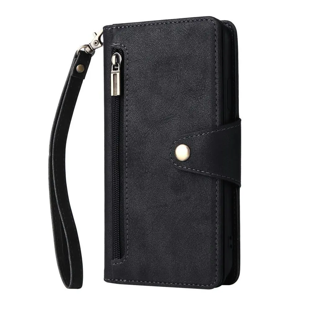 Willow Buckle Zipper Wallet Phone Purse Case With Straps for Iphone-Black