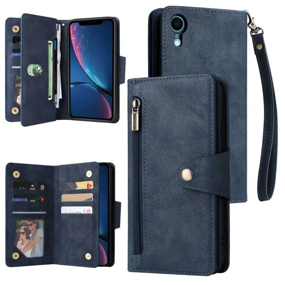 Willow Buckle Zipper Wallet Phone Purse Case With Straps for Iphone-Blue