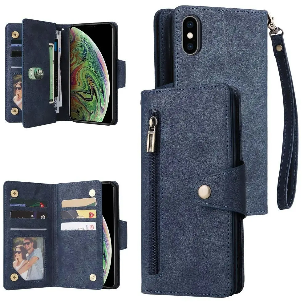 Willow Buckle Zipper Wallet Phone Purse Case With Straps for Iphone-Blue