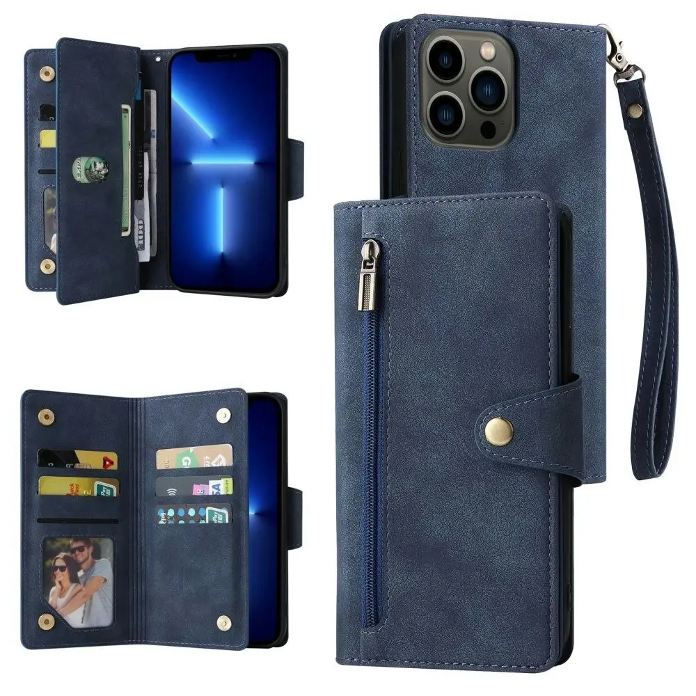 Willow Buckle Zipper Wallet Phone Purse Case With Straps for Iphone-Blue