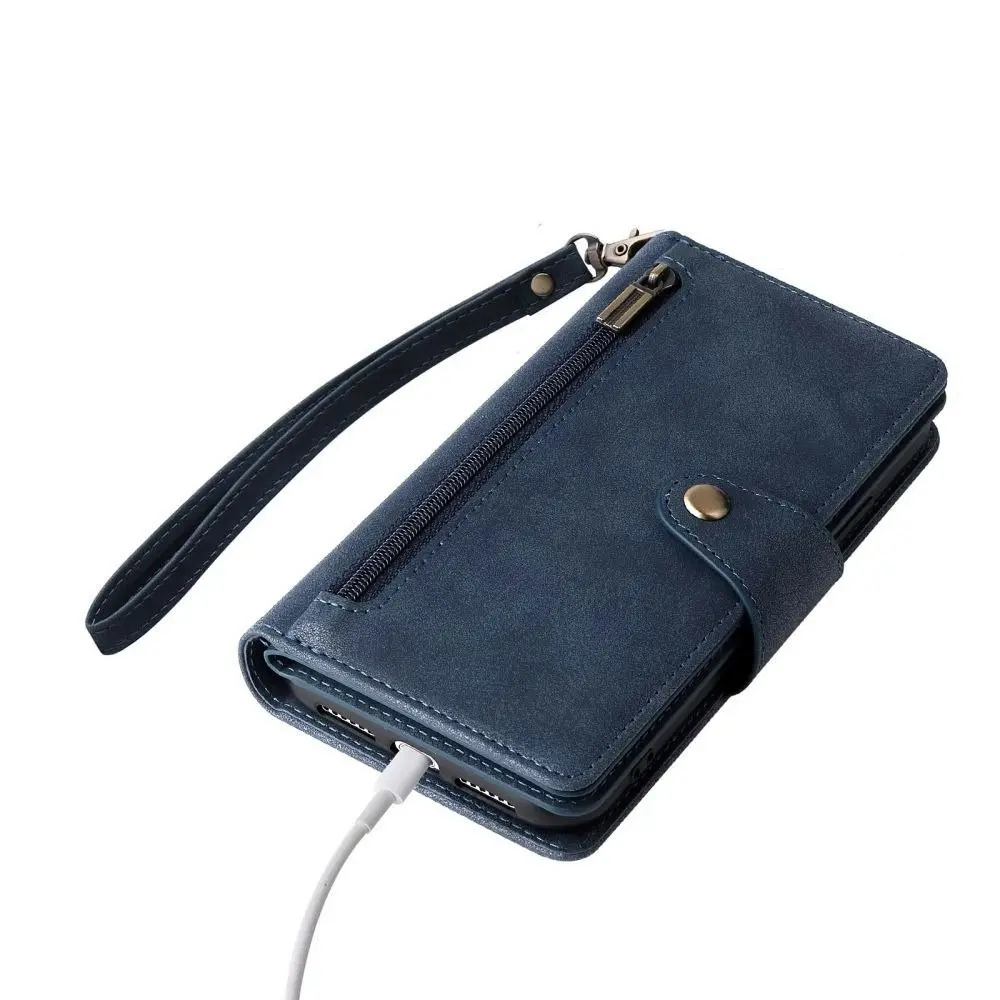 Willow Buckle Zipper Wallet Phone Purse Case With Straps for Iphone-Blue