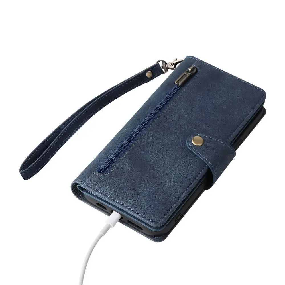 Willow Buckle Zipper Wallet Phone Purse Case With Straps for Iphone-Blue