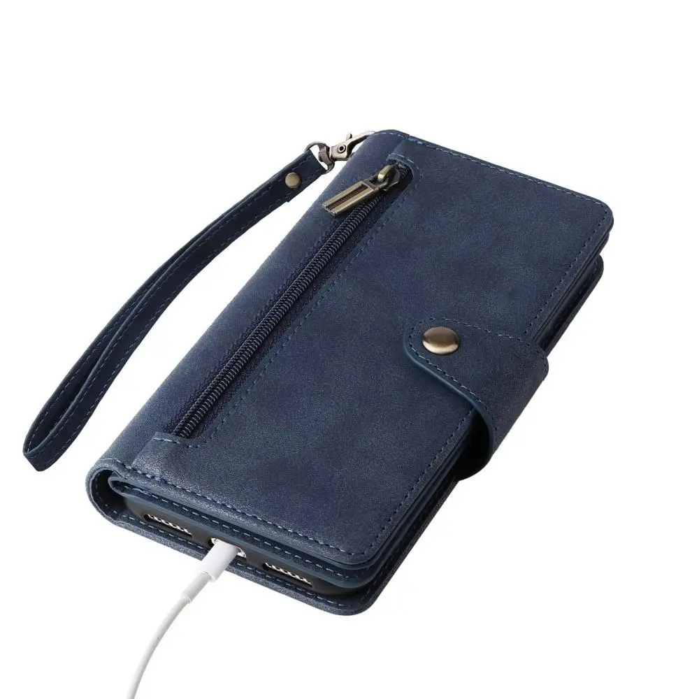 Willow Buckle Zipper Wallet Phone Purse Case With Straps for Iphone-Blue