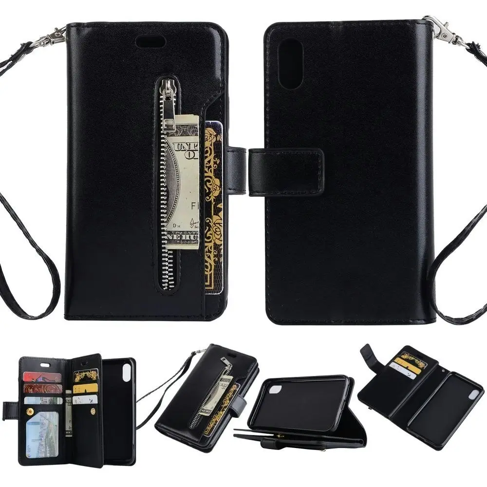 Magnetic Zipper Wallet Phone Purse Case with Straps for iPhone-Black