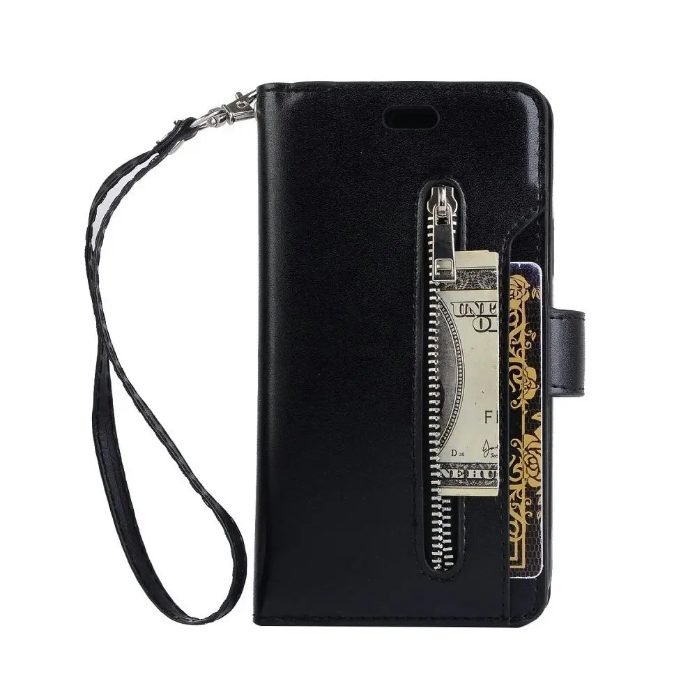 Magnetic Zipper Wallet Phone Purse Case with Straps for iPhone-Black