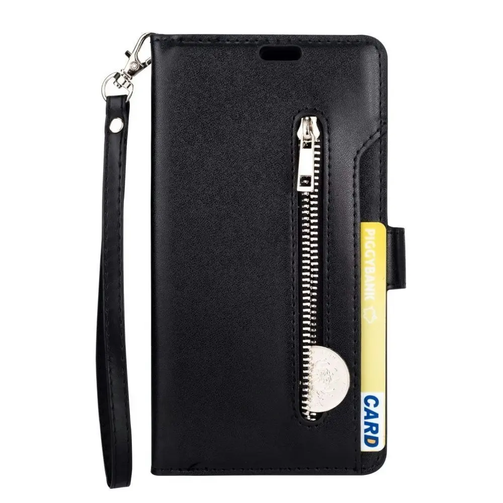 Magnetic Zipper Wallet Phone Purse Case with Straps for iPhone-Black