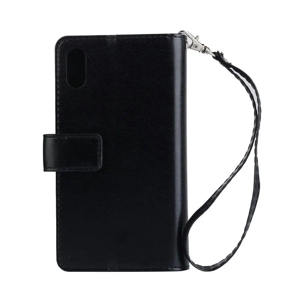 Magnetic Zipper Wallet Phone Purse Case with Straps for iPhone-Black