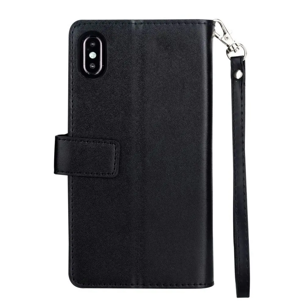 Magnetic Zipper Wallet Phone Purse Case with Straps for iPhone-Black