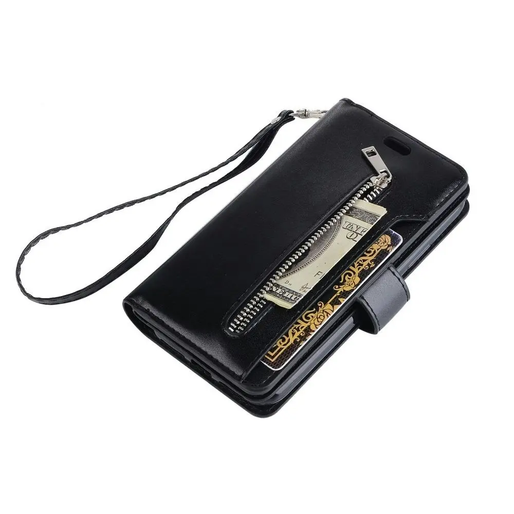 Magnetic Zipper Wallet Phone Purse Case with Straps for iPhone-Black