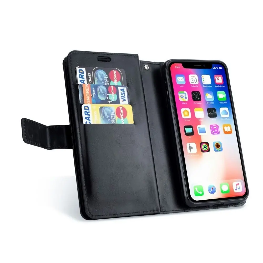 Magnetic Zipper Wallet Phone Purse Case with Straps for iPhone-Black