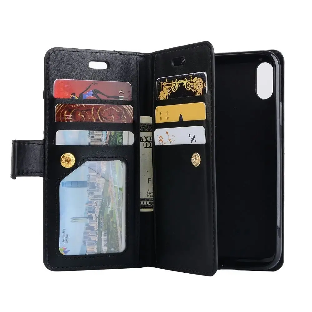 Magnetic Zipper Wallet Phone Purse Case with Straps for iPhone-Black