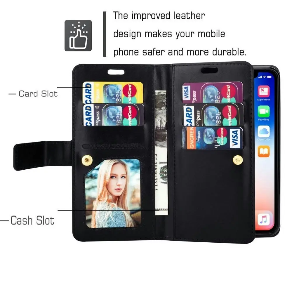 Magnetic Zipper Wallet Phone Purse Case with Straps for iPhone-Black