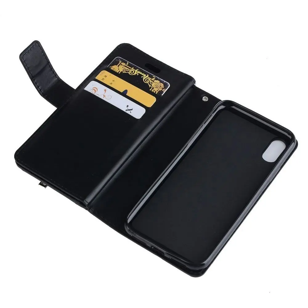 Magnetic Zipper Wallet Phone Purse Case with Straps for iPhone-Black