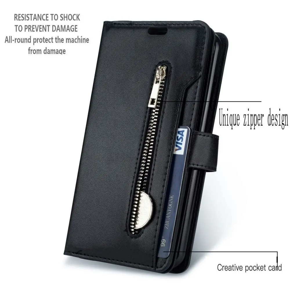 Magnetic Zipper Wallet Phone Purse Case with Straps for iPhone-Black