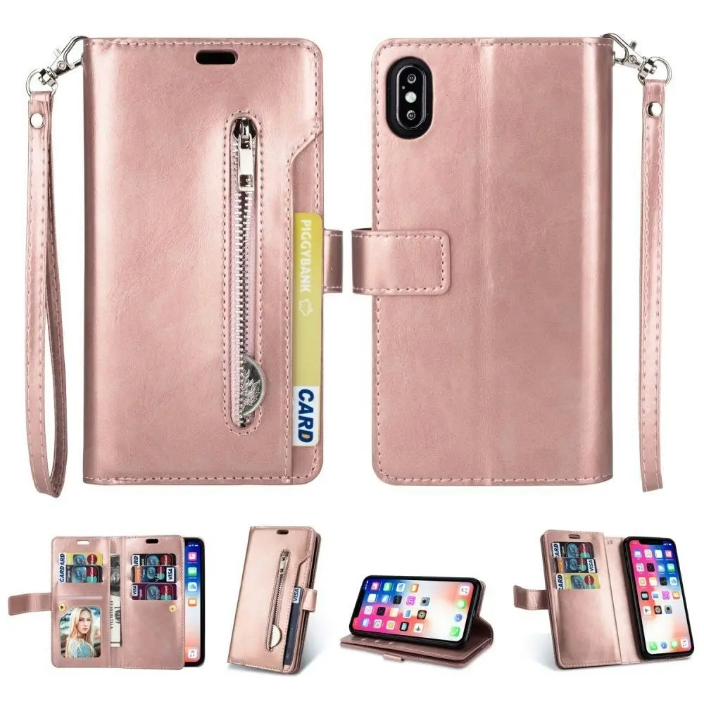 Magnetic Zipper Wallet Phone Purse Case with Straps for iPhone-Rose Gold