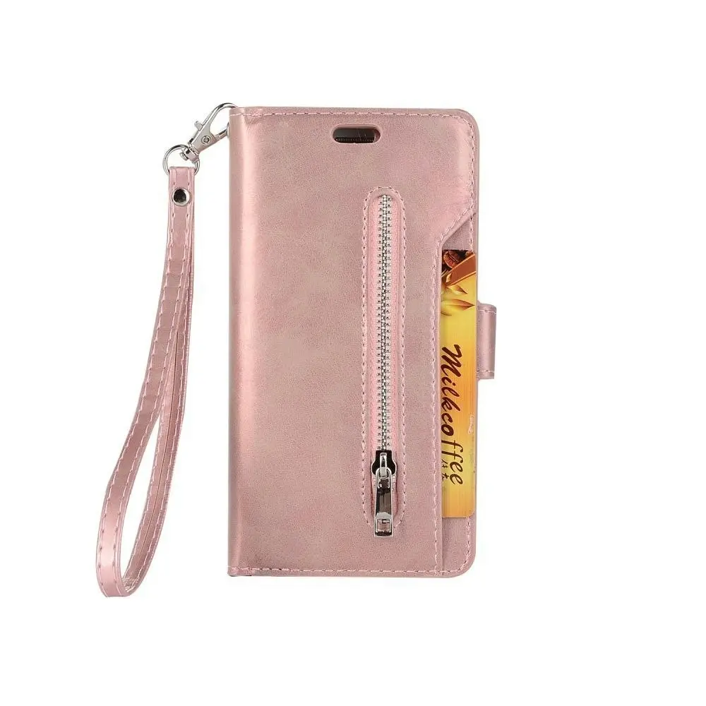 Magnetic Zipper Wallet Phone Purse Case with Straps for iPhone-Rose Gold