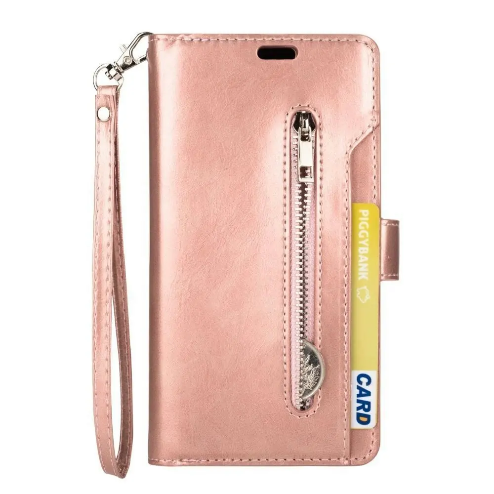 Magnetic Zipper Wallet Phone Purse Case with Straps for iPhone-Rose Gold