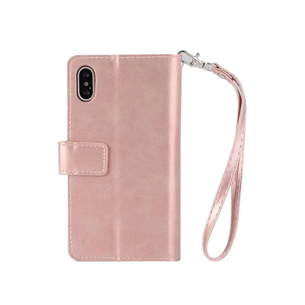 Magnetic Zipper Wallet Phone Purse Case with Straps for iPhone-Rose Gold