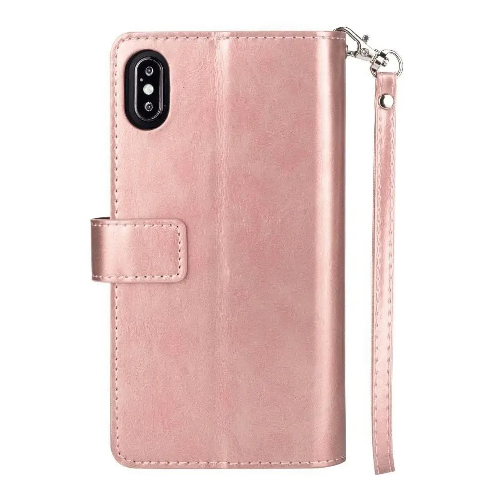 Magnetic Zipper Wallet Phone Purse Case with Straps for iPhone-Rose Gold