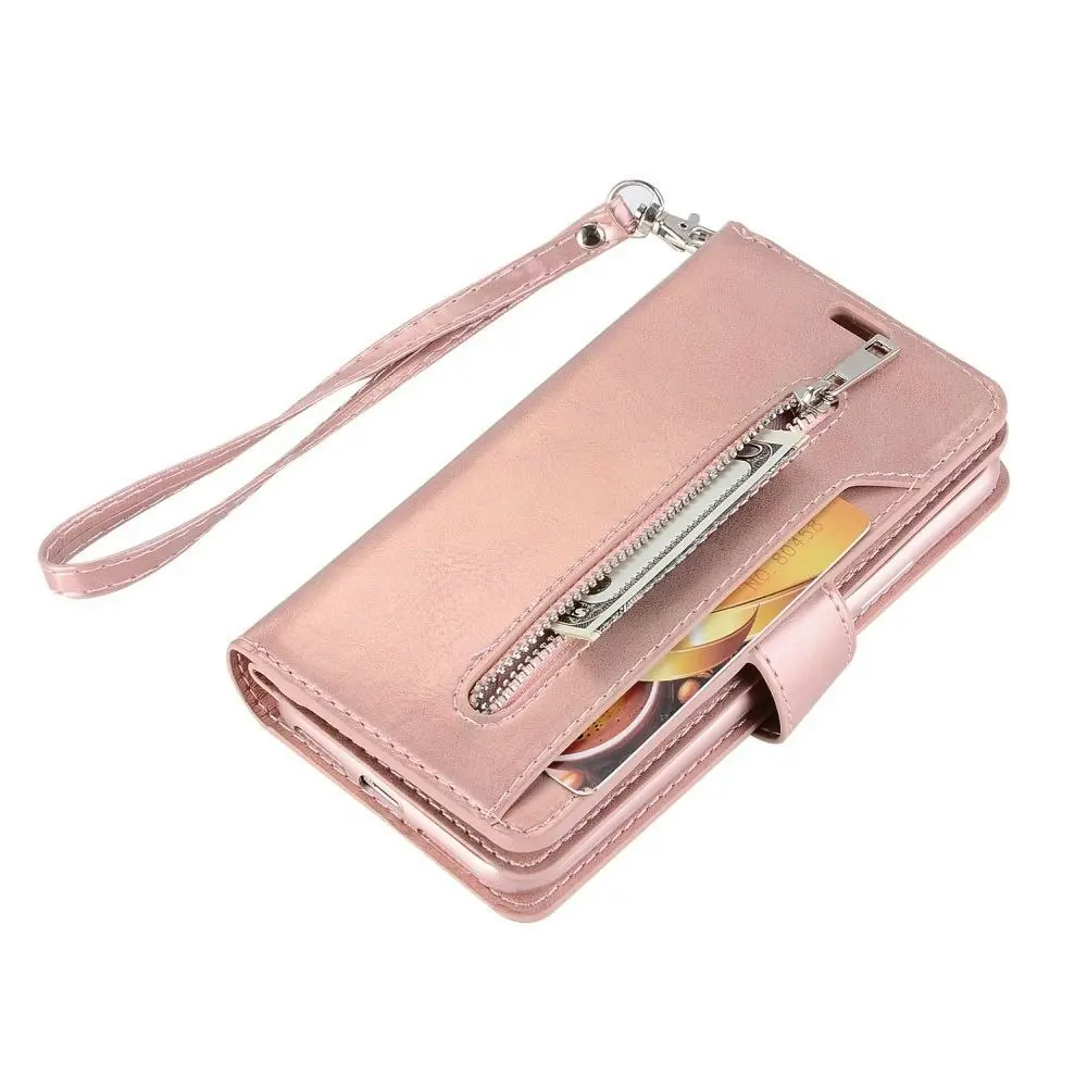 Magnetic Zipper Wallet Phone Purse Case with Straps for iPhone-Rose Gold