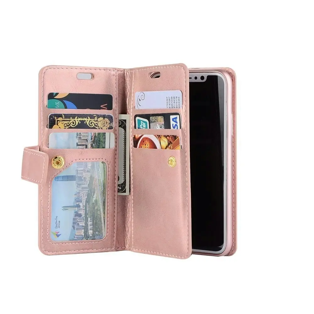 Magnetic Zipper Wallet Phone Purse Case with Straps for iPhone-Rose Gold