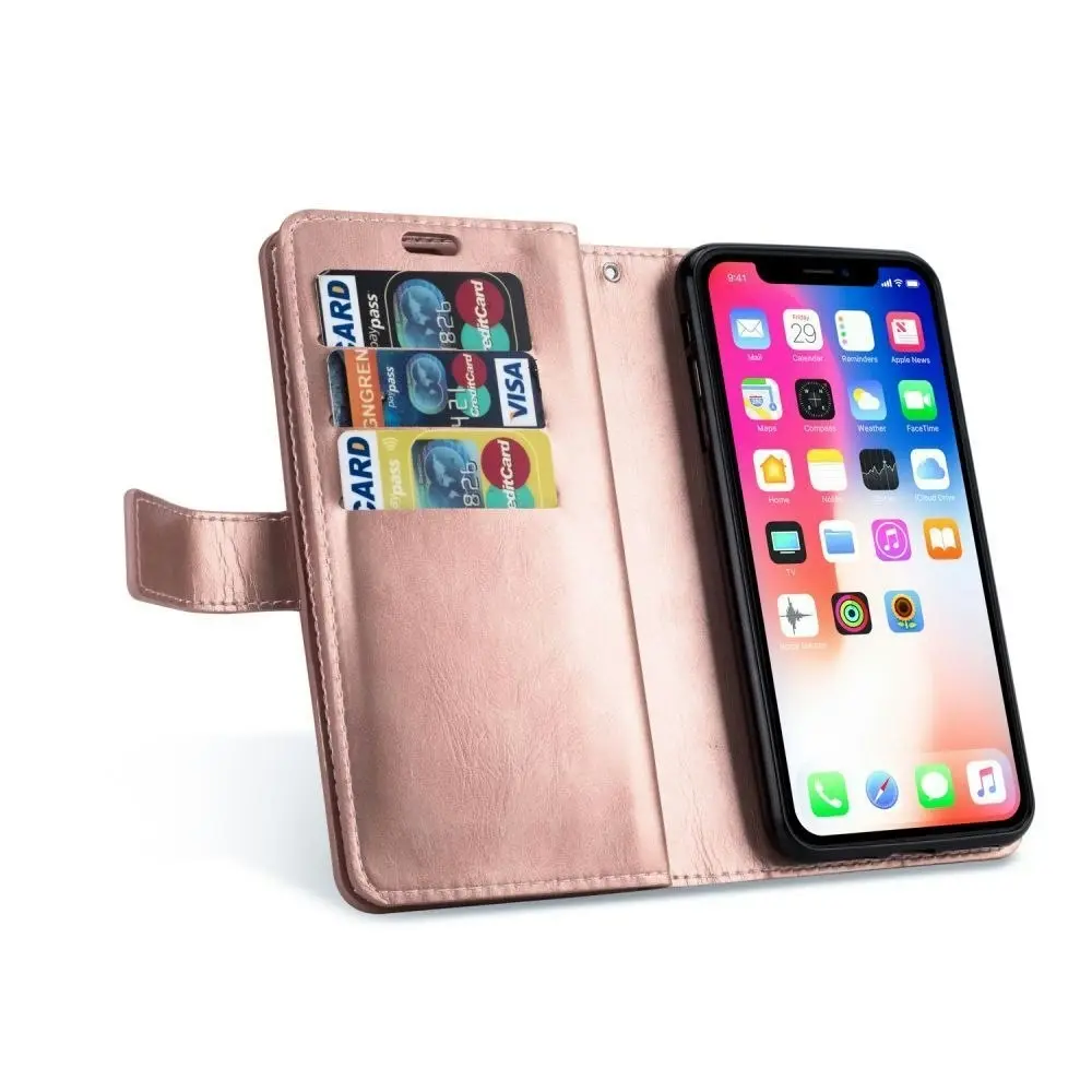 Magnetic Zipper Wallet Phone Purse Case with Straps for iPhone-Rose Gold