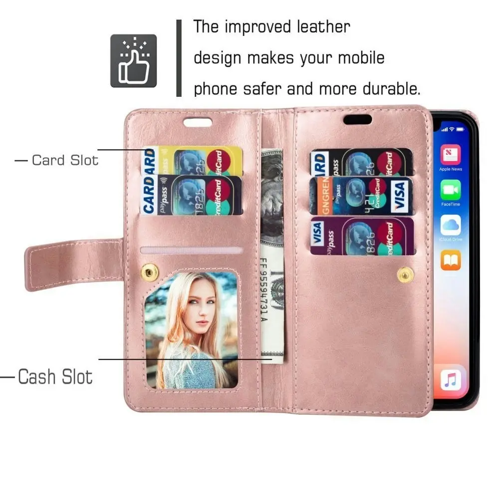 Magnetic Zipper Wallet Phone Purse Case with Straps for iPhone-Rose Gold