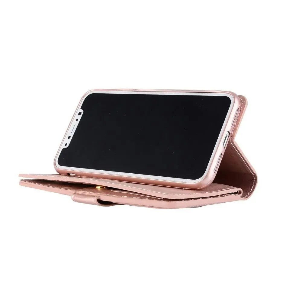 Magnetic Zipper Wallet Phone Purse Case with Straps for iPhone-Rose Gold