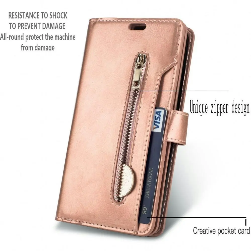 Magnetic Zipper Wallet Phone Purse Case with Straps for iPhone-Rose Gold