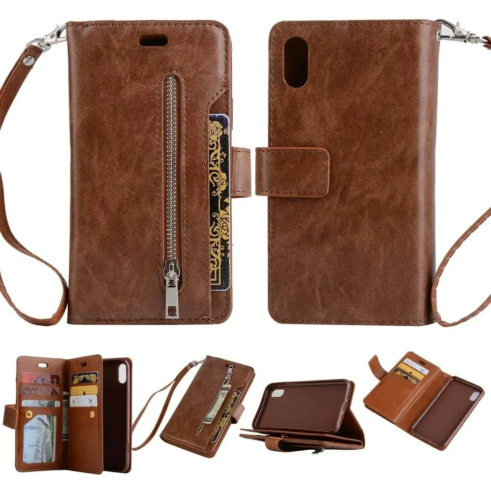 Magnetic Zipper Wallet Phone Purse Case with Straps for iPhone-Brown