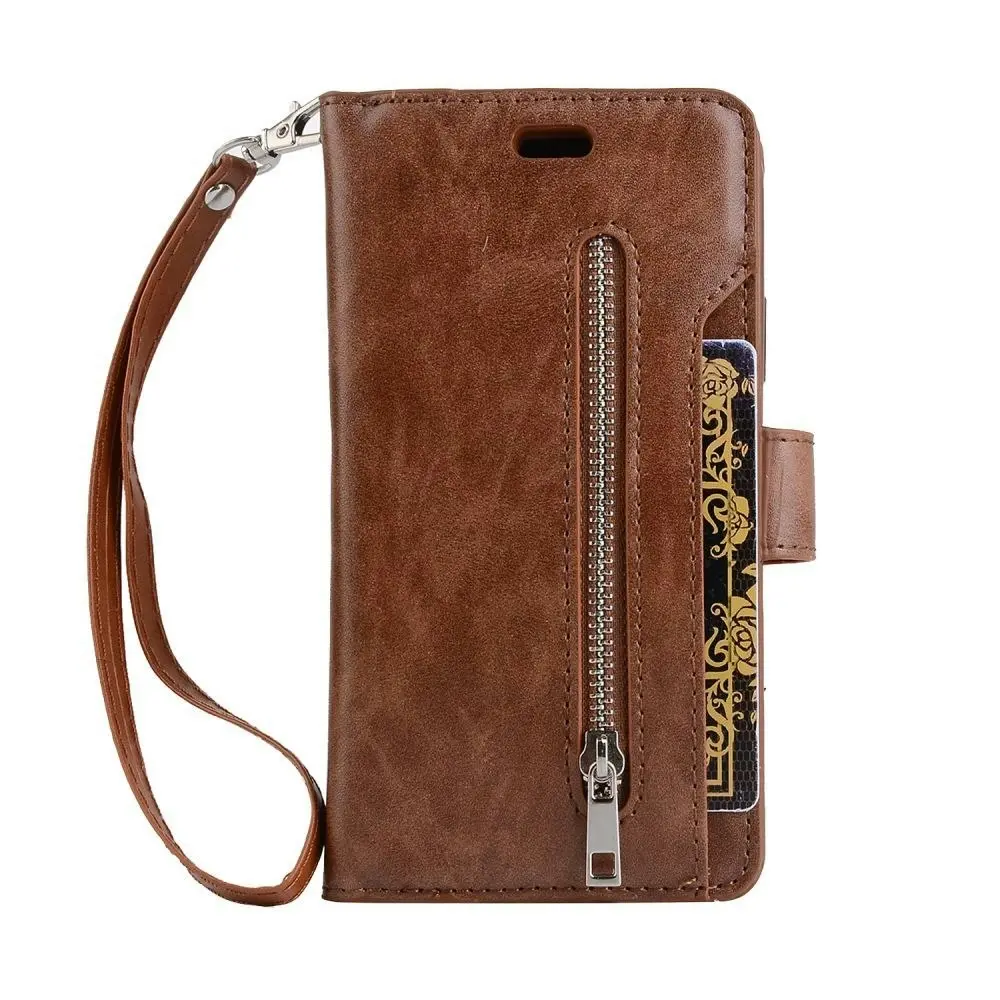 Magnetic Zipper Wallet Phone Purse Case with Straps for iPhone-Brown