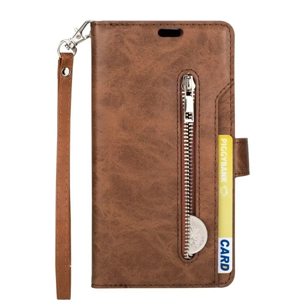 Magnetic Zipper Wallet Phone Purse Case with Straps for iPhone-Brown