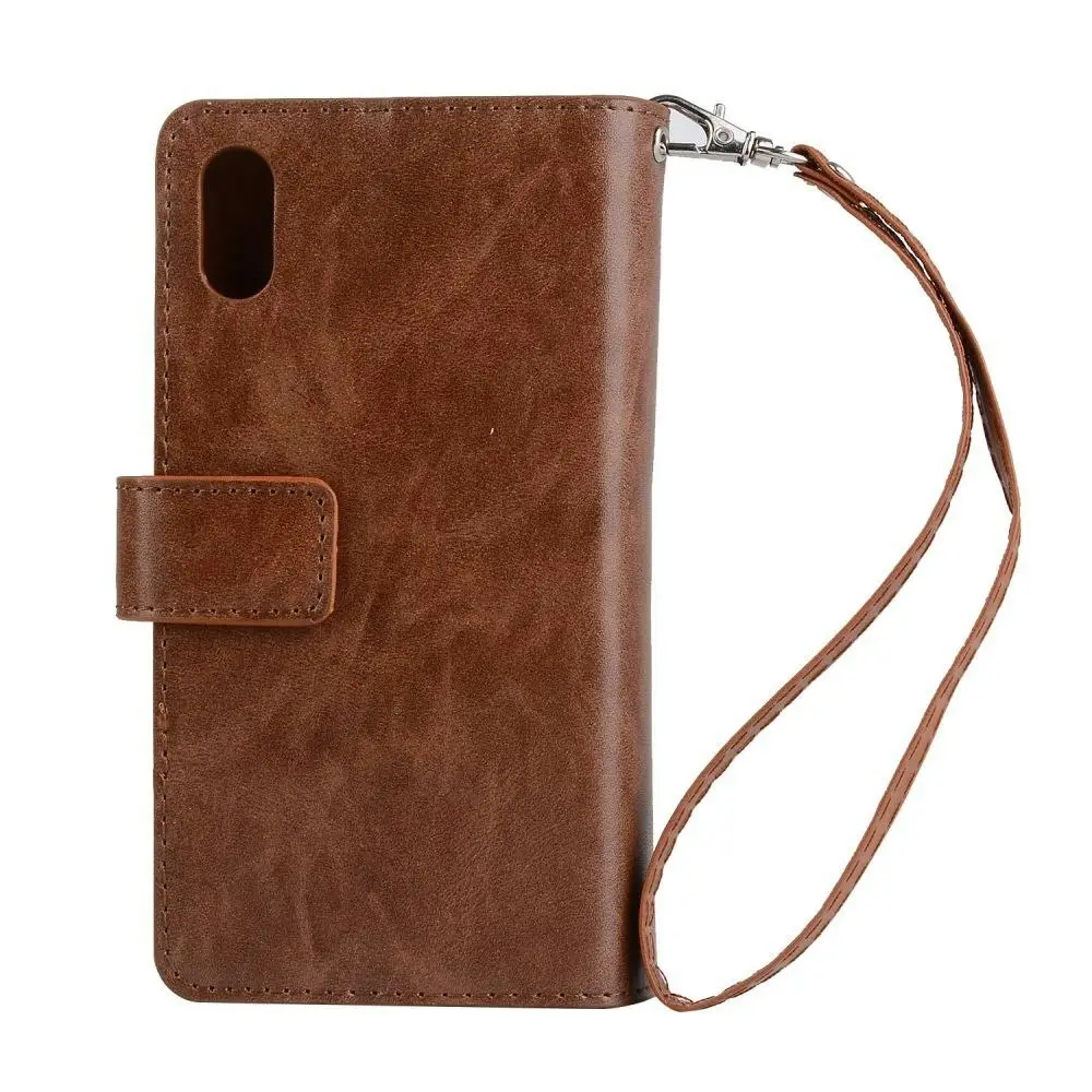 Magnetic Zipper Wallet Phone Purse Case with Straps for iPhone-Brown