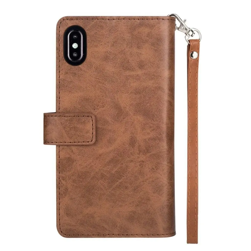 Magnetic Zipper Wallet Phone Purse Case with Straps for iPhone-Brown