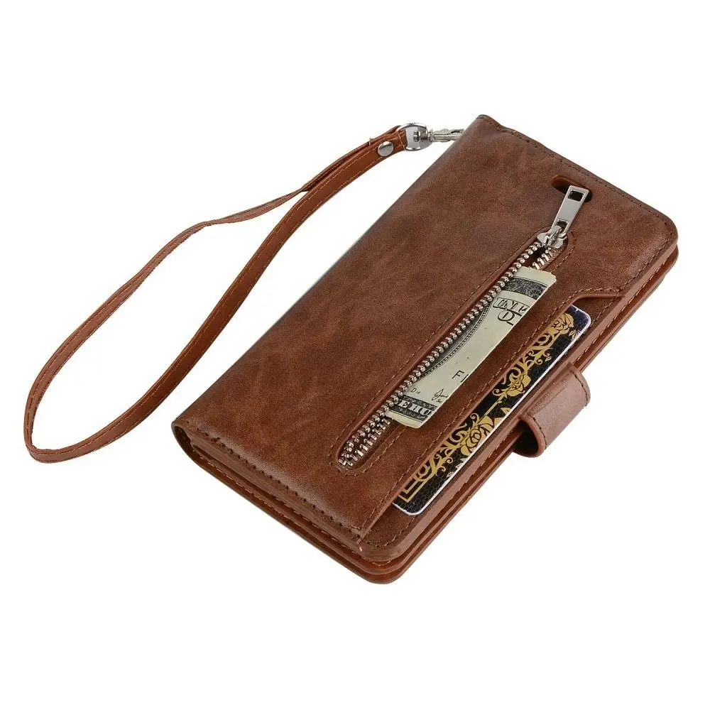 Magnetic Zipper Wallet Phone Purse Case with Straps for iPhone-Brown