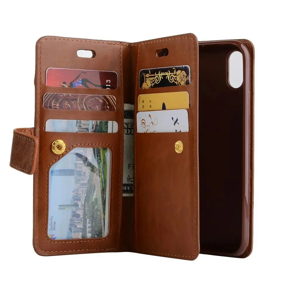 Magnetic Zipper Wallet Phone Purse Case with Straps for iPhone-Brown