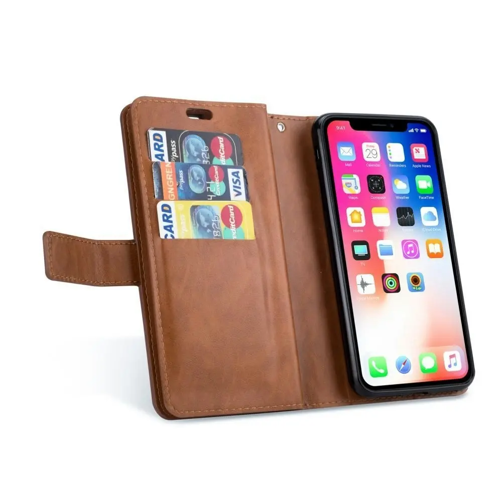 Magnetic Zipper Wallet Phone Purse Case with Straps for iPhone-Brown